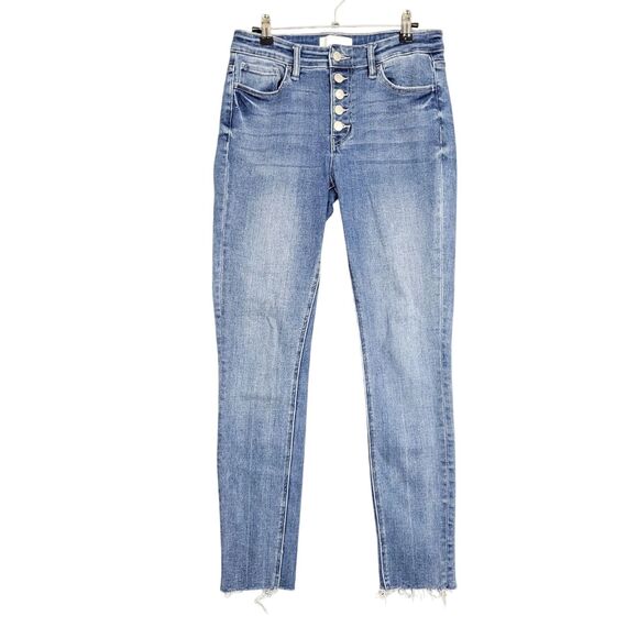 VERVET T5068 Amber Mid Rise Button Fly Raw Hem Skinny Denim Blue Jeans SIZE 29 - Picture 1 of 12